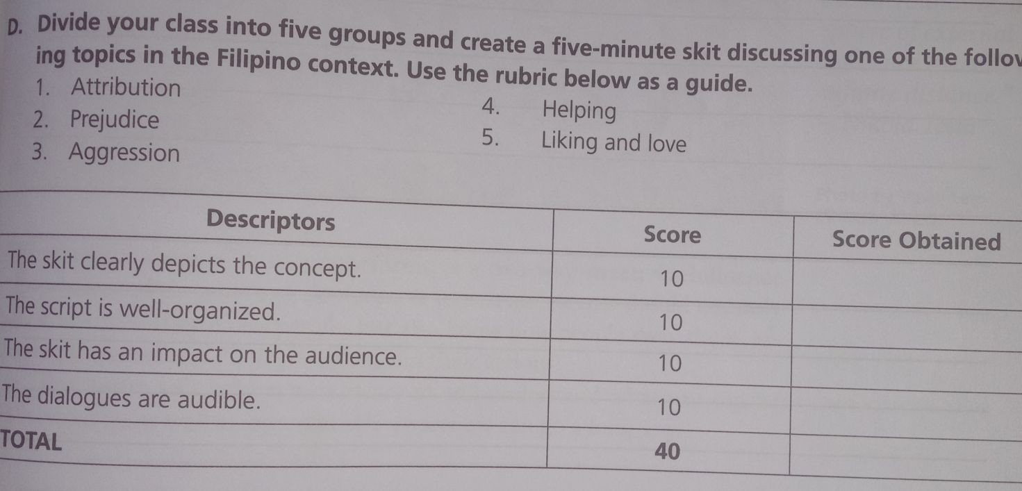 Divide your class into five groups and create a five-minute skit discussing one of the follov 
ing topics in the Filipino context. Use the rubric below as a guide. 
1. Attribution 4. Helping 
2. Prejudice 5. Liking and love 
3. Aggression 
T 
T 
T 
T 
T