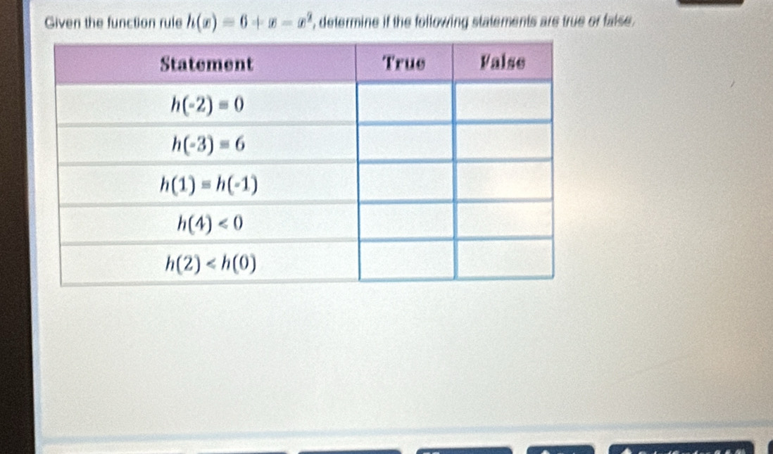 Given the function rule h(x)=6+x-x^2 , determine if the following statements are true or false .