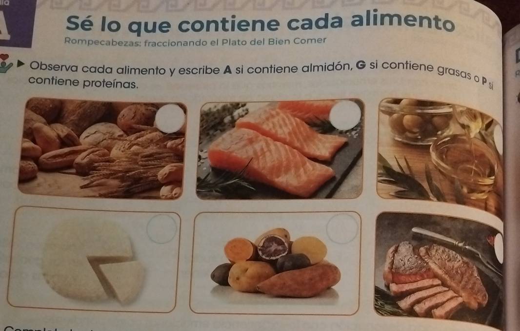 Sé lo que contiene cada alimento 
Rompecabezas: fraccionando el Plato del Bien Comer 
Observa cada alimento y escribe A si contiene almidón, G si contiene grasas o P si 
contiene proteínas.