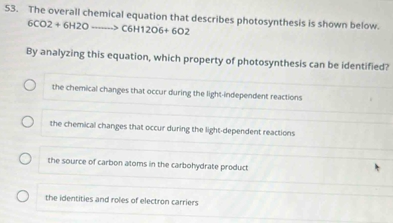 Solved: The overall chemical equation that describes photosynthesis is ...