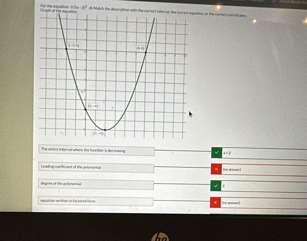 For the equation: 0.5(x· 2)^2. 8, Match the descriptiation, or the correct coordinates.
The entire Interval where the function is decreasing
x<2</tex>
Leading coefficient of the polynomial × (no answer)
degree of the polynomial 2
equation written in factored form × (no answer)