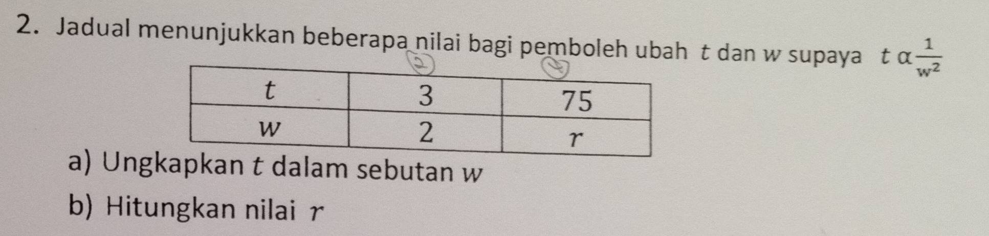 Jadual menunjukkan beberapa nilai bagi pemboleh ubah t dan w supaya talpha  1/w^2 
a) Ungapkan t dalam sebutan w
b) Hitungkan nilai r