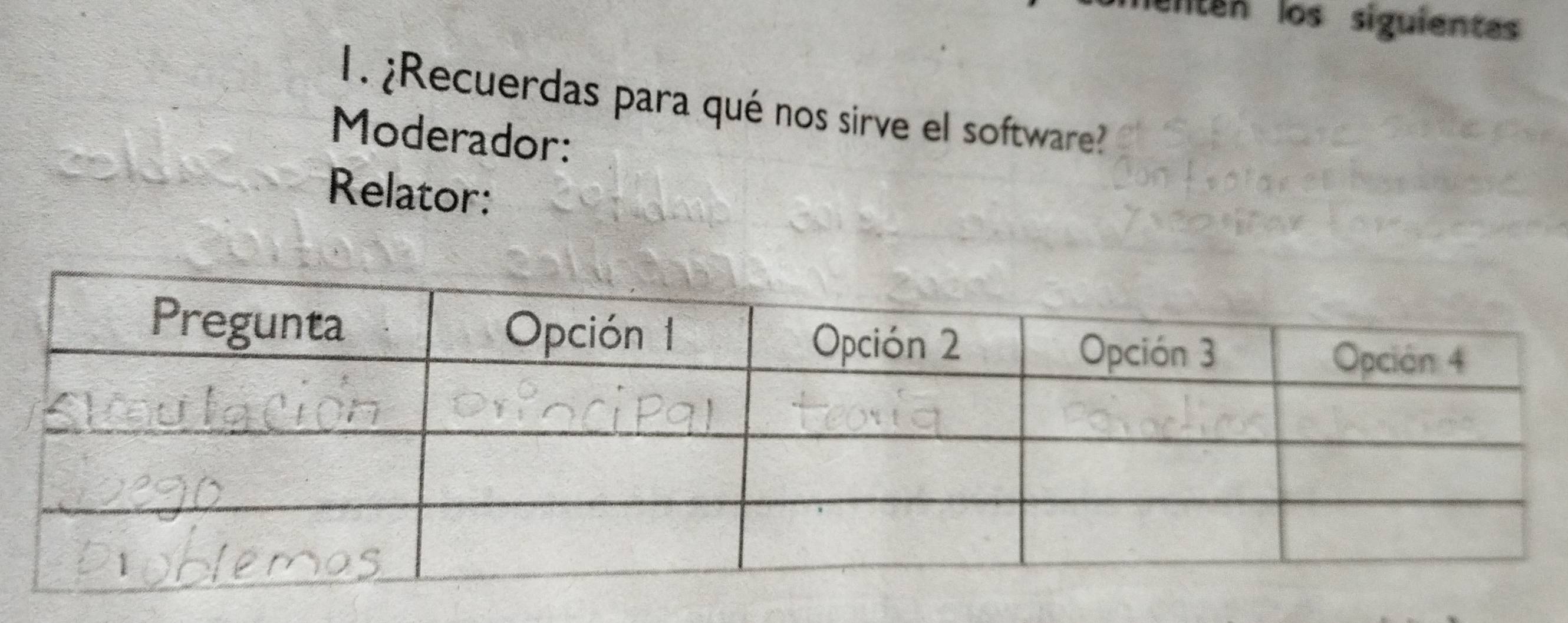 enten los siguientes 
1. ¿Recuerdas para qué nos sirve el software? 
Moderador: 
Relator: