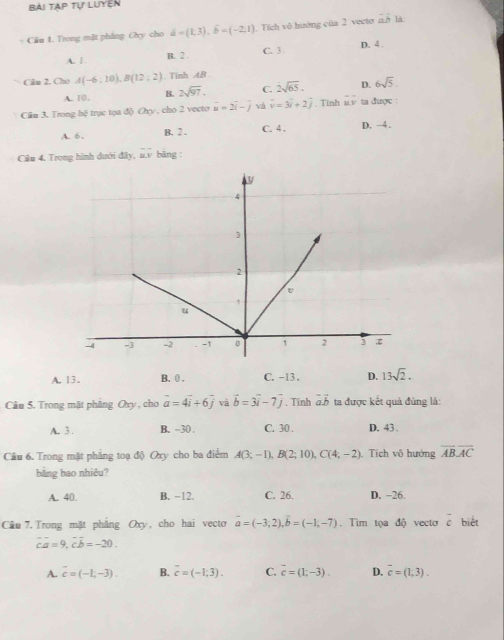 Bài Tập tự Luyện
Cầu 1. Trong mặt pháng Oxy cho vector a=(1,3),vector b=(-2,1) Tích vô hướng của 2 vecto vector ab là:
D. 4 .
A. 1 .
B. 2 . C. 3 .
Cân 2. Cho A(-6:10),B(12:2). Tính AB
D.
A. 10. B. 2sqrt(97). C. dot 2sqrt(65). 6sqrt(5).
Cầu 3. Trong hệ trục tọa độ Oxy , cho 2 vectơ vector u=2vector i-vector j và vector v=3vector i+2hat j. Tĩnh vector u.vector v ta được :
A. 6 , B. 2 . C. 4 . D. -4 .
Câu 4. Trong hình dưới đây, n.v băng :
A. 13. B. 0 . C. -13. D. 13sqrt(2).
Câu 5. Trong mặt phẳng Oxy , cho vector a=4vector i+6vector j và vector b=3vector i-7vector j. Tính vector avector b ta được kết quả đúng là:
A. 3 . B. -30 . C. 30 . D. 43 .
Câu 6. Trong mặt phẳng toạ độ Oxy cho ba điểm A(3;-1),B(2;10),C(4;-2) Tích vô hướng overline ABoverline AC
băng bao nhiêu?
A. 40. B. −12. C. 26. D. -26.
Câu 7. Trong mặt phẳng Oxy, cho hai vecto vector a=(-3;2),vector b=(-1;-7). Tim tọa độ vecto overline c biết
vector ca=9,vector coverline b=-20.
A. overline c=(-1,-3). B. overline c=(-1;3). C. overline c=(1;-3). D. overline c=(1;3).