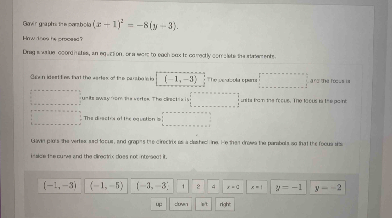 Solved: Gavin graphs the parabola (x+1)^2=-8(y+3). How does he proceed ...
