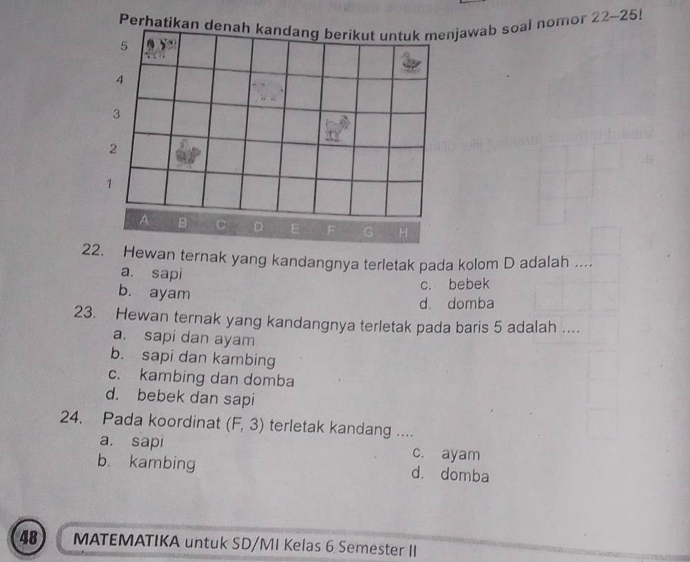 Perhatikan denah kandang berikut untuk menjawab soal nomor 22-25!
5
4
3
2
1
A B D E F G H
22. Hewan ternak yang kandangnya terletak pada kolom D adalah ....
a. sapi
b. ayam
c. bebek
d. domba
23. Hewan ternak yang kandangnya terletak pada baris 5 adalah ....
a. sapi dan ayam
b. sapi dan kambing
c. kambing dan domba
d. bebek dan sapi
24. Pada koordinat (F,3) terletak kandang ....
a. sapi c. ayam
b kambing d. domba
48 MATEMATIKA untuk SD/MI Kelas 6 Semester II