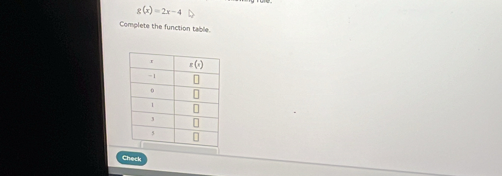 g(x)=2x-4
Complete the function table.
Check