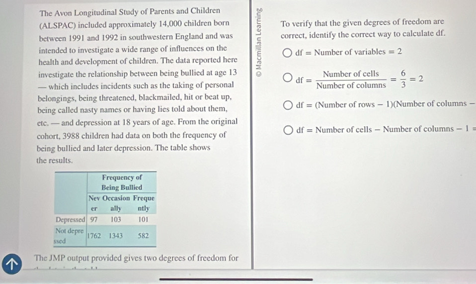 The Avon Longitudinal Study of Parents and Children 
(ALSPAC) included approximately 14,000 children born To verify that the given degrees of freedom are 
between 1991 and 1992 in southwestern England and was correct, identify the correct way to calculate df. 
intended to investigate a wide range of influences on the of variables =2
df=Number
health and development of children. The data reported here 
investigate the relationship between being bullied at age 13
— which includes incidents such as the taking of personal
df= Numberofcells/Numberofcolumns = 6/3 =2
belongings, being threatened, blackmailed, hit or beat up,
df=
being called nasty names or having lies told about them, (Number of rows - 1)(Number of columns - 
etc. — and depression at 18 years of age. From the original
df= Number of cells-N umber of columns -1=
cohort, 3988 children had data on both the frequency of 
being bullied and later depression. The table shows 
the results. 
The JMP output provided gives two degrees of freedom for