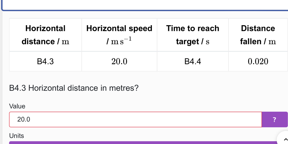 B4.3 Horizontal distance in metres?
Value
20.0 ?
Units