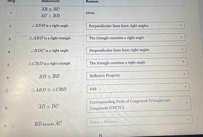 Step Statement Reason
7
8
9
B