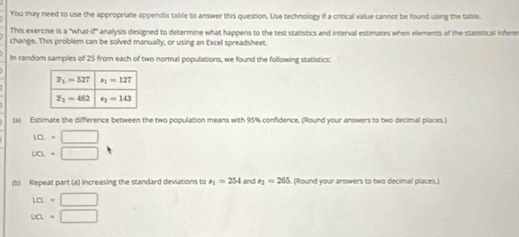 You may need to use the appropriate appendix table to answer this question. Use technology if a critical value cannot be found using the table.
This exercise is a "what-If' analysis designed to determine what happens to the test statistics and interval estimates when ellements of the statistical inferer
change. This problem can be solved manually, or using an Excel spreadsheet.
In random samples of 25 from each of two normal populations, we found the following statistics:
(a) Estimate the difference between the two population means with 95% confidence. (Round your answers to two decimal places.)
La=□
un.□
(b) Repeat part (a) increasing the standard deviations to s_1=254 and s_2=265 (Round your answers to two decimal places.)
La=□
un=□