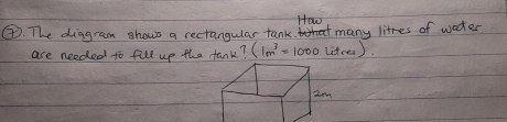 How 
②. The diagram shows a rectangular tank. many litres of wocter 
are needed to fell up the tank? (1m^3=1000litres)