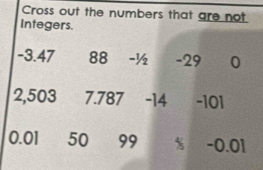 Cross out the numbers that are not 
Integers.
-3.47 88 -½ -29 0
2,503 7.787 -14 -101
0.01 50 99
% -0.01