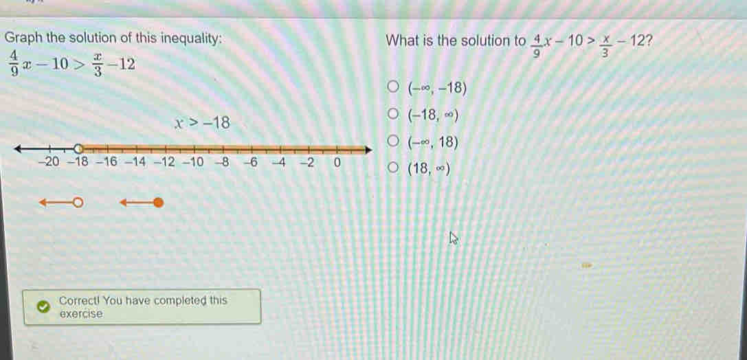 Graph the solution of this inequality: What is the solution to  4/9 x-10> x/3 -12 ?
 4/9 x-10> x/3 -12
(-∈fty ,-18)
x>-18
(-18,∈fty )
(-∈fty ,18)
(18,∈fty )
。
Correct! You have completed this
exercise