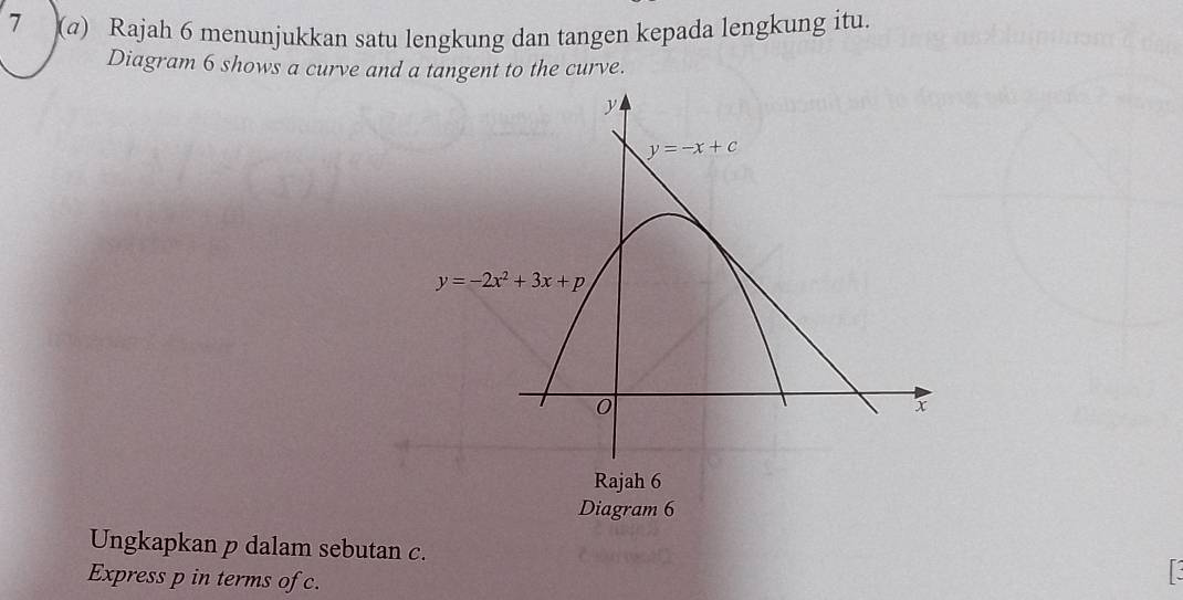 7 (@) Rajah 6 menunjukkan satu lengkung dan tangen kepada lengkung itu.
Diagram 6 shows a curve and a tangent to the curve.
Ungkapkan p dalam sebutan c.
Express p in terms of c.