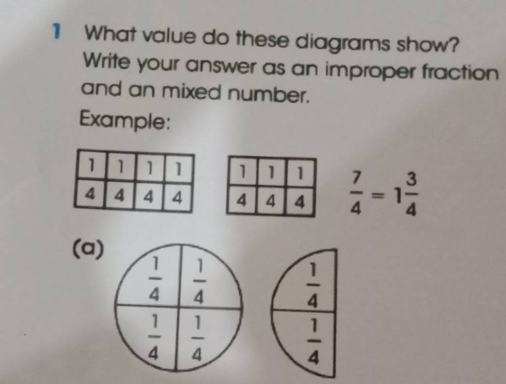 What value do these diagrams show?
Write your answer as an improper fraction
and an mixed number.
Example:

 7/4 =1 3/4 
(a)
 1/4 
 1/4 