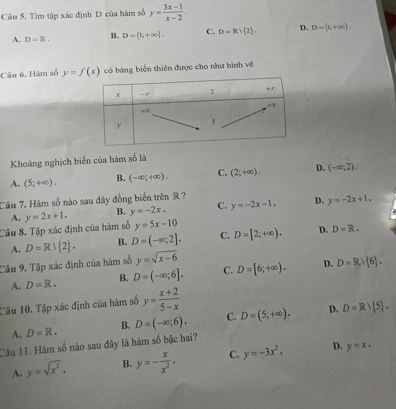 Tìm tập xác định D của hàm số y= (3x-1)/x-2 .
C. D=R/ 2 .
D. D=[1;+∈fty ).
A. D=R.
B. D=(1;+∈fty ).
Câu 6. Hàm số y=f(x) có bảng biến thiên được cho như hình vẽ
Khoảng nghịch biến của hàm số là
C. (2;+∈fty ).
D. (-∈fty ;2).
A. (5;+∈fty ).
B. (-∈fty ;+∈fty ).
Câu 7. Hàm số nào sau đây đồng biến trên R ?
C. y=-2x-1.
D. y=-2x+1.
A. y=2x+1.
B. y=-2x.
Câu 8. Tập xác định của hàm số y=5x-10
C. D=[2;+∈fty ).
D. D=R.
A. D=R/ 2 .
B. D=(-∈fty ;2].
D.
Câu 9. Tập xác định của hàm số y=sqrt(x-6) D=R/ 6 .
C. D=[6;+∈fty ).
A. D=R.
B. D=(-∈fty ;6].
Câu 10. Tập xác định của hàm số y= (x+2)/5-x 
A. D=R.
B. D=(-∈fty ;6).
C. D=(5;+∈fty ).
D. D=R| 5 .
Câu 11. Hàm số nào sau đây là hàm số bậc hai?
D.
C. y=-3x^2. y=x.
A. y=sqrt(x^2).
B. y=- x/x^2 .