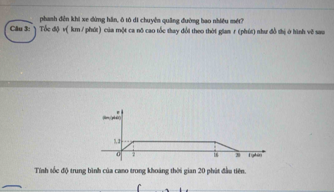 phanh đên khi xe dừng hãn, ô tô di chuyên quãng đường bao nhiêu mét? 
Câu 3: Tốc độ v ( km / phút) của một ca nô cao tốc thay đổi theo thời gian ≠ (phút) như đồ thị ở hình vẽ sau 
e 
(kr/pluk t) 
1.2 
0 2 t (phát)
16 20
Tính tốc độ trung bình của cano trong khoảng thời gian 20 phút đầu tiên.