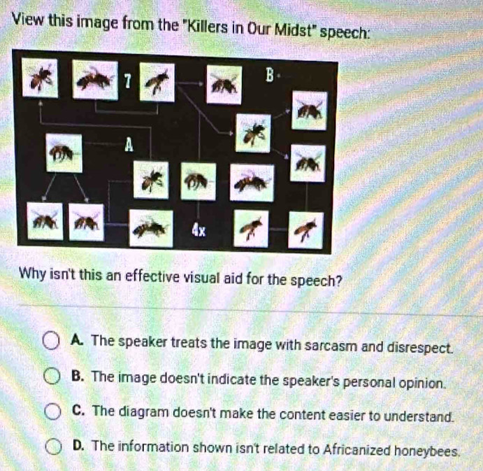 View this image from the "Killers in Our Midst" speech:
Why isn't this an effective visual aid for the speech?
A. The speaker treats the image with sarcasm and disrespect.
B. The image doesn't indicate the speaker's personal opinion.
C. The diagram doesn't make the content easier to understand.
D. The information shown isn't related to Africanized honeybees.