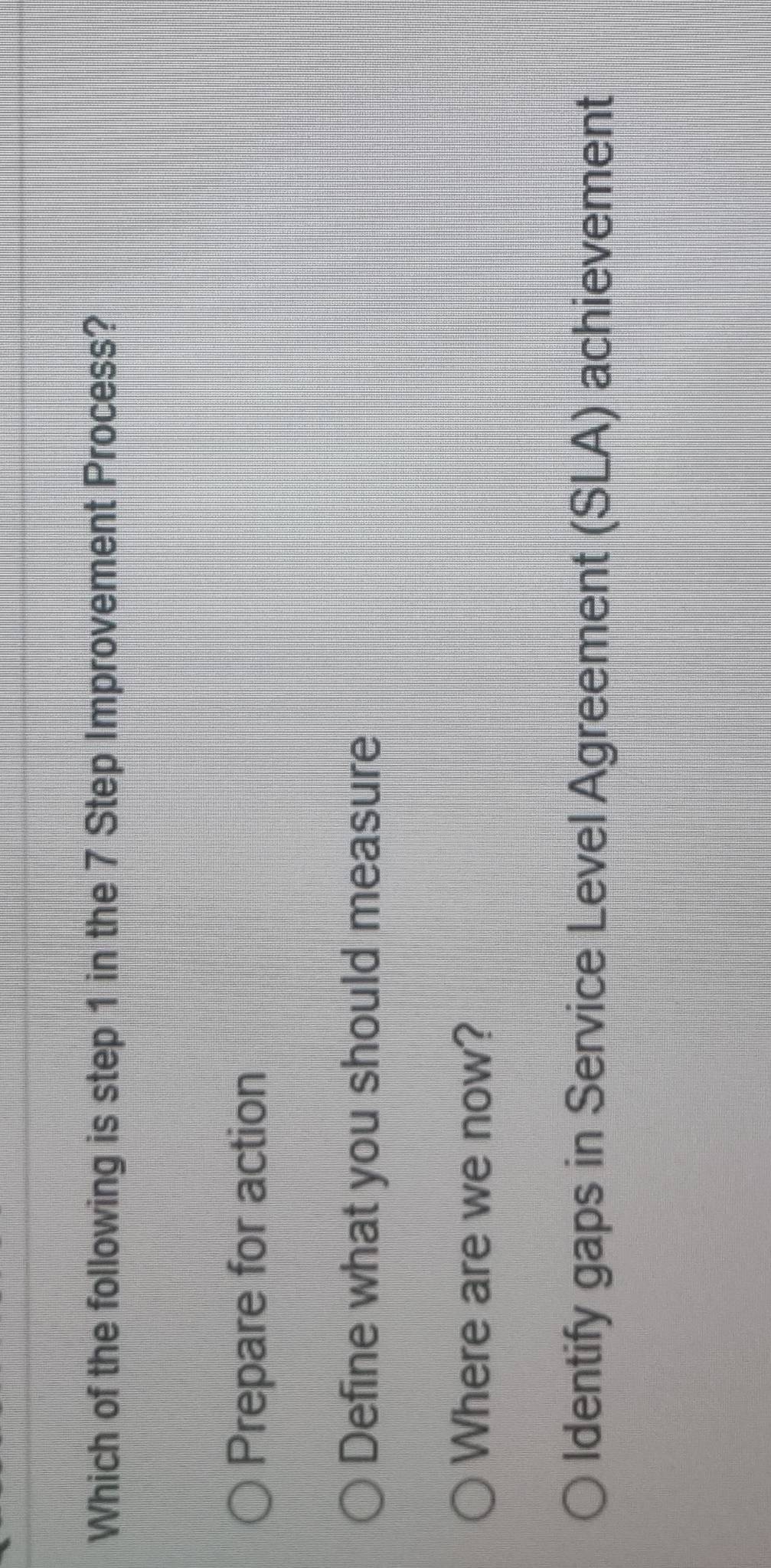 Which of the following is step 1 in the 7 Step Improvement Process? 
Prepare for action 
Define what you should measure 
Where are we now? 
Identify gaps in Service Level Agreement (SLA) achievement