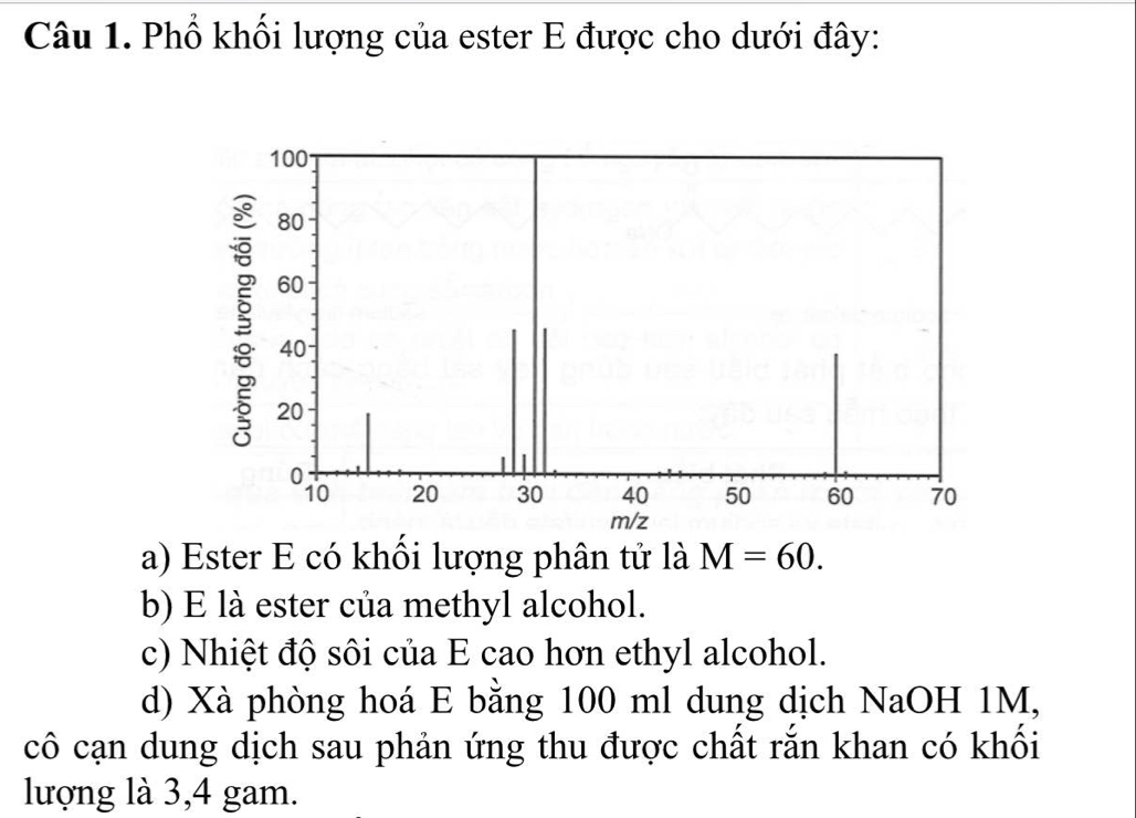 Phổ khối lượng của ester E được cho dưới đây: 
a) Ester E có khối lượng phân tử là M=60. 
b) E là ester của methyl alcohol. 
c) Nhiệt độ sôi của E cao hơn ethyl alcohol. 
d) Xà phòng hoá E bằng 100 ml dung dịch NaOH 1M, 
cô cạn dung dịch sau phản ứng thu được chất rắn khan có khối 
lượng là 3, 4 gam.