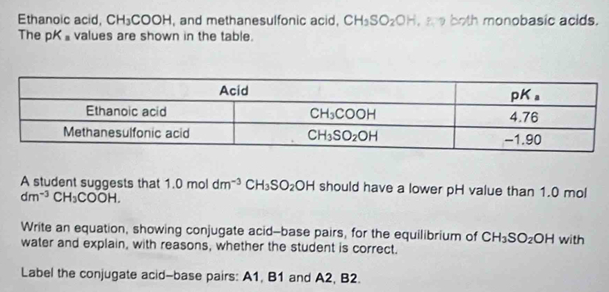 Ethanoic acid, CH_3COOH , and methanesulfonic acid, CH_3SO_2OH , me both monobasic acids.
The pK⊥ values are shown in the table.
A student suggests that 1.0moldm^(-3)CH_3SO_2OH should have a lower pH value than 1.0 mol
dm^(-3)CH_3COOH.
Write an equation, showing conjugate acid--base pairs, for the equilibrium of CH_3SO_2OH
water and explain, with reasons, whether the student is correct. with
Label the conjugate acid-base pairs: A1, B1 and A2, B2.