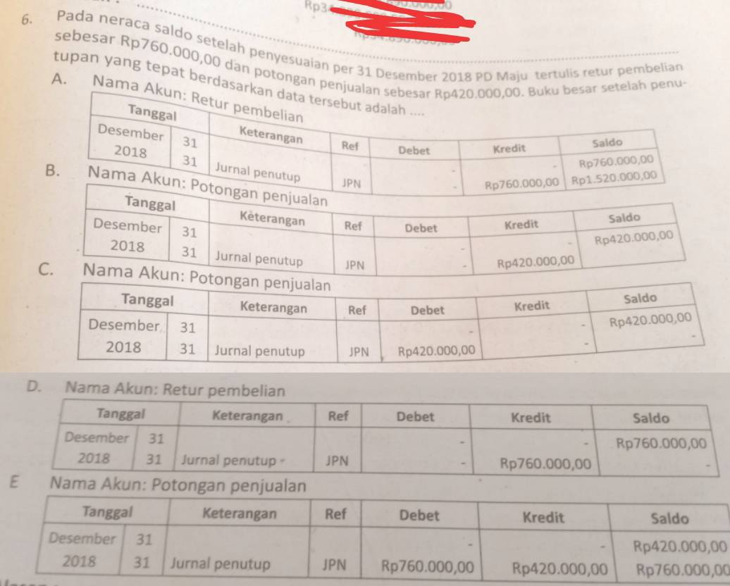 Rp3
6. Pada neraca saldo setelah penyesuaian per 31 Desember 2018 PD Maju tertulis retur pembelian
sebesar Rp760.000,00 dan potongan ppenu-
tupan yang tepat berdas
A. Nam
D. Nama Akun: Retur pembelian
Akun: Potongan penjualan
0
0