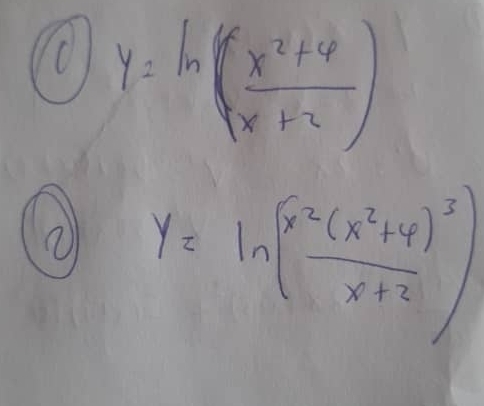 y=ln ( (x^2+4)/x+2 )
y=ln (frac x^2(x^2+4)^3x+2)