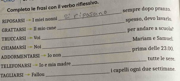 Completa le frasi con il verbo riflessivo. 
_ 
sempre dopo pranzo. 
RIPOSARSI → I miei nonni spesso, devo lavarlo. 
_ 
GRATTARSI → Il mio cane 
_ 
per andare a scuola? 
TRUCCARSI −= Voi Mariam e Samuel. 
_ 
CHIAMARSI → Noi 
_ 
prima delle 23.00. 
_ 
ADDORMENTARSI → Io non 
tutte le sere. 
TELEFONARSI → Io e mia madre 
TAGLIARSI Fallou _i capelli ogni due settimane.