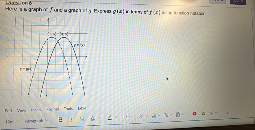 Here is a graph of f and a graph of g. Express g(x) in terms of f(x) using function notation.
Edit View Insert Format Tools Table
12pt √ Paragraph B I