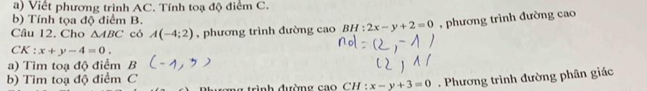 Viết phương trình AC. Tính toạ độ điểm C. 
b) Tính tọa độ điểm B. 
Câu 12. Cho △ ABC có A(-4;2) , phương trình đường cao BH:2x-y+2=0 , phương trình đường cao 
CK : x+y-4=0. 
a) Tìm toạ độ điểm B
b) Tìm toạ độ điểm C
g trình đường cao CH : x-y+3=0. Phương trình đường phân giác