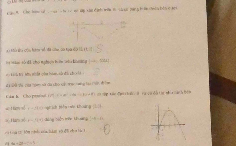 Cho bàm số vsim ax^2+bx+c có tập xác định trên R và có bảng biển thiên bên đưới 
) Đô thị của hàm số đã cho có tọa độ là (1,2). 
) Màm số đã cho nghịch biển trên khoảng (-∈fty ,-2024)
c) Giả trị lớn nhất của hàm số đã cho là : 
d) Đồ thị của hàm số đã cho cát trục tung tại một điểm 
Câu 6. Cho parabol (F) y=ax^2+bx+c(a!= 0) có tập xác định trên ậ và có đồ thị như hình bên 
a) Hâm số y=f(x) nghịch biển trên khoảng  2,3. 
b) Hàm số y=f(x) đồng biển trên khoảng (-3,-1). 
c) Giá trị lớn nhật của hàm số đã cho là 3 
d) 4a+2b+c=3