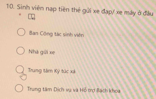 Sinh viên nạp tiền thẻ gửi xe đạp/ xe máy ở đâu
*
Ban Công tác sinh viên
Nhà gửi xe
Trung tâm Ký túc xá
Trung tâm Dịch vụ và Hỗ trợ Bách khoa