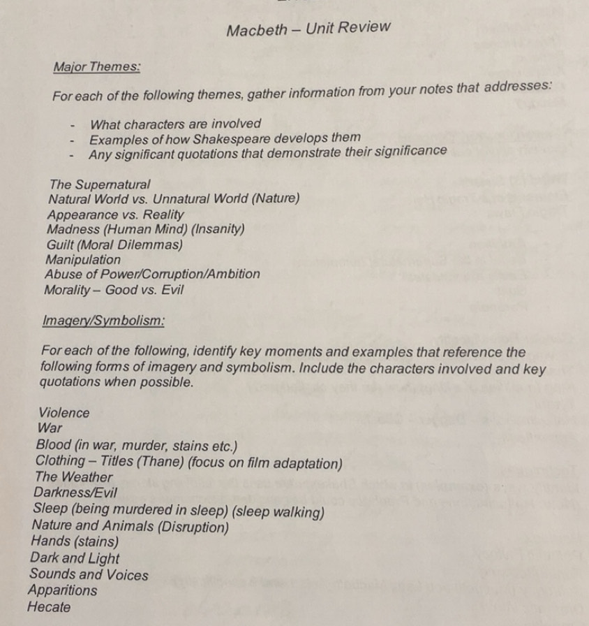 Solved: Macbeth - Unit Review Major Themes: For each of the following ...