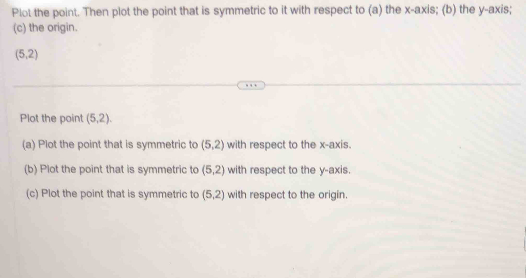 Plot the point. Then plot the point that is symmetric to it with respect to (a) the x-axis; (b) the y-axis; 
(c) the origin.
(5,2)
Plot the point (5,2). 
(a) Plot the point that is symmetric to (5,2) with respect to the x-axis. 
(b) Plot the point that is symmetric to (5,2) with respect to the y-axis. 
(c) Plot the point that is symmetric to (5,2) with respect to the origin.