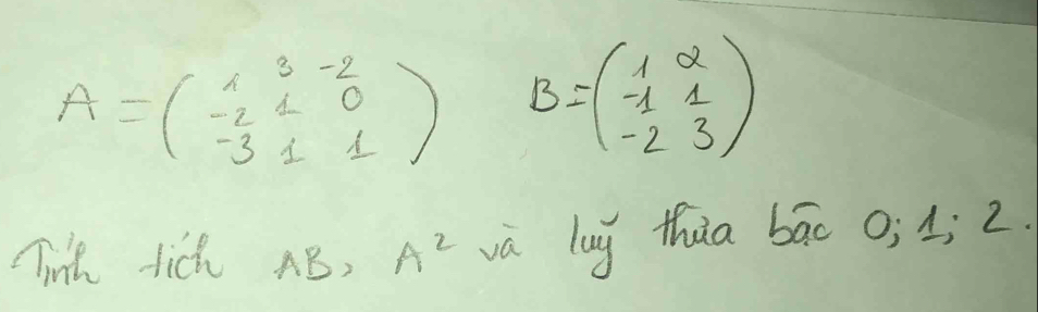 A=beginpmatrix 1&3&-2 -2&1&0 -3&1&1endpmatrix B=beginpmatrix 1&2 -1&1 -2&3endpmatrix
Tink tich AB, A^2 và lug thua bāc 0; 1; 2.