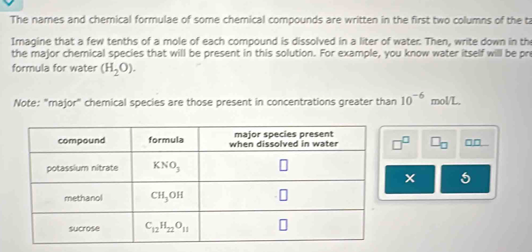 The names and chemical formulae of some chemical compounds are written in the first two columns of the ta
Imagine that a few tenths of a mole of each compound is dissolved in a liter of water. Then, write down in the
the major chemical species that will be present in this solution. For example, you know water itself will be pre
formula for water (H_2O).
Note: "major" chemical species are those present in concentrations greater than 10^(-6)mol/L.
□^(□) □ _□ 
□ □
5