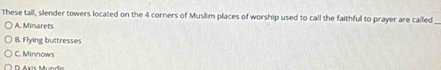 These tall, slender towers located on the 4 corners of Muslim places of worship used to call the faithful to prayer are called_
A. Minarets
B. Flying buttresses
C. Minnows
D. Axis Mundis