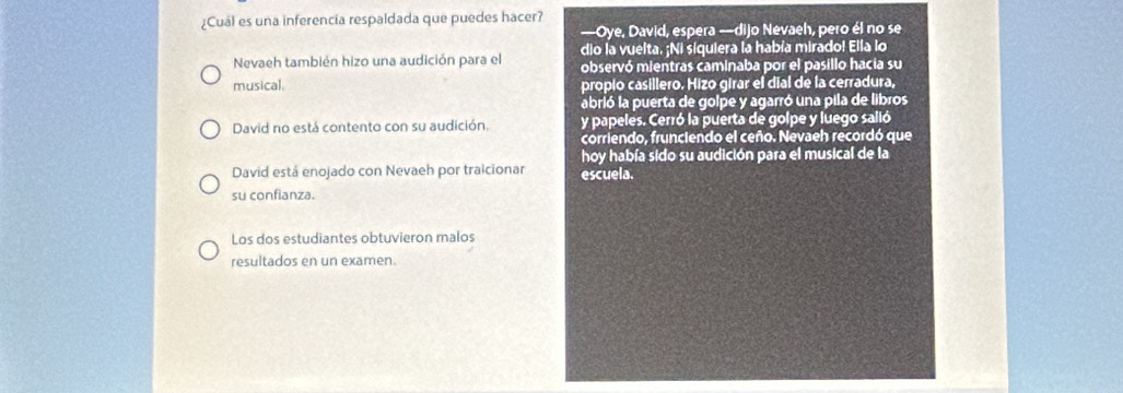 ¿Cual es una inferencia respaldada que puedes hacer? 
—Oye, David, espera —dijo Nevaeh, pero él no se 
dio la vuelta. ¡Ni síquiera la había mirado! Ella lo 
Nevaeh también hizo una audición para el observó mientras caminaba por el pasillo hacia su 
musical. propio casillero. Hizo girar el dial de la cerradura, 
abrió la puerta de golpe y agarró una pila de libros 
David no está contento con su audición. y papeles. Cerró la puerta de golpe y luego salió 
corriendo, frunciendo el ceño. Nevaeh recordó que 
hoy había sido su audición para el musical de la 
David está enojado con Nevaeh por traicionar escuela. 
su confianza. 
Los dos estudiantes obtuvieron malos 
resultados en un examen.