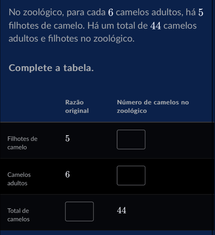 No zoológico, para cada 6 camelos adultos, há 5
filhotes de camelo. Há um total de 44 camelos 
adultos e filhotes no zoológico. 
Complete a tabela. 
Razão Número de camelos no 
original zoológico 
Filhotes de 5
camelo 
Camelos 6
adultos 
Total de 44
camelos