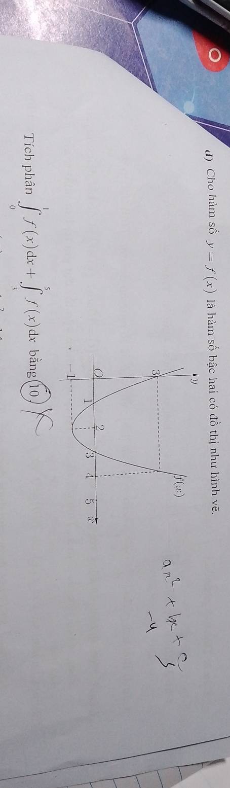 Cho hàm số y=f(x) là hàm số bậc hai có dhat o thị như hình vẽ.
Tích phân ∈tlimits _0^1f(x)dx+∈tlimits _3^5f(x)dx bằng(10...