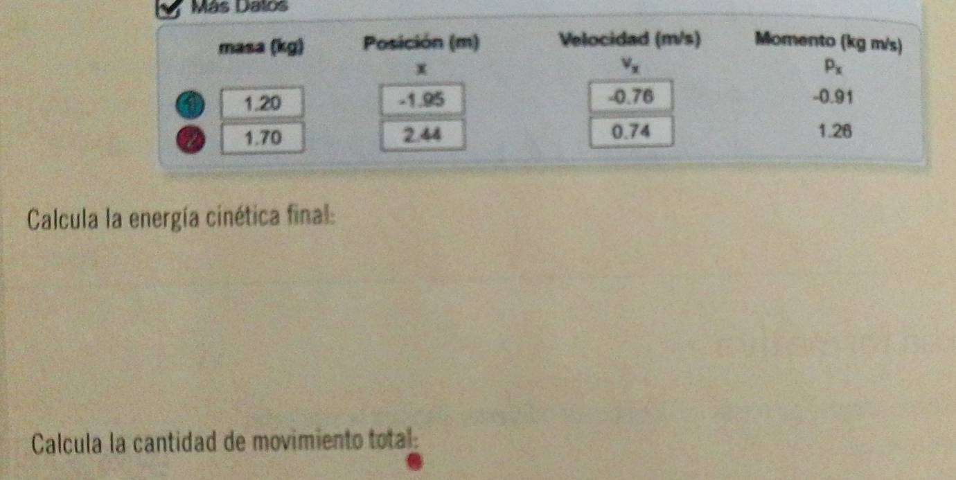 Más Dalos
Calcula la energía cinética final:
Calcula la cantidad de movimiento total: