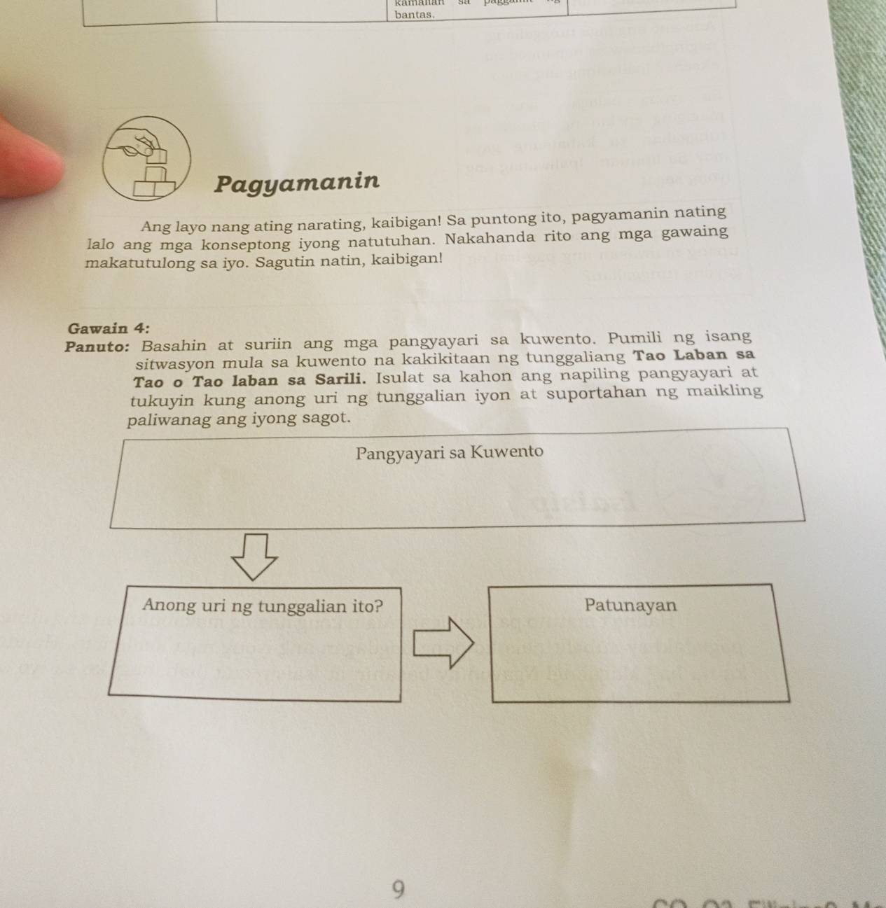 bantas. 
Pagyamanin 
Ang layo nang ating narating, kaibigan! Sa puntong ito, pagyamanin nating 
lalo ang mga konseptong iyong natutuhan. Nakahanda rito ang mga gawaing 
makatutulong sa iyo. Sagutin natin, kaibigan! 
Gawain 4: 
Panuto: Basahin at suriin ang mga pangyayari sa kuwento. Pumili ng isang 
sitwasyon mula sa kuwento na kakikitaan ng tunggaliang Tao Laban sa 
Tao o Tao Iaban sa Sarili. Isulat sa kahon ang napiling pangyayari at 
tukuyin kung anong uri ng tunggalian iyon at suportahan ng maikling 
paliwanag ang iyong sagot. 
Pangyayari sa Kuwento 
Anong uri ng tunggalian ito? Patunayan 
9