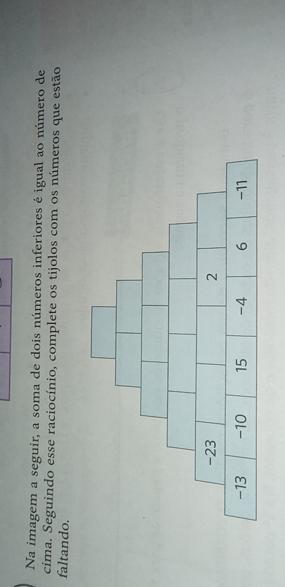 Na imagem a seguir, a soma de dois números inferiores é igual ao número de 
cima. Seguindo esse raciocínio, complete os tijolos com os números que estão 
faltando.