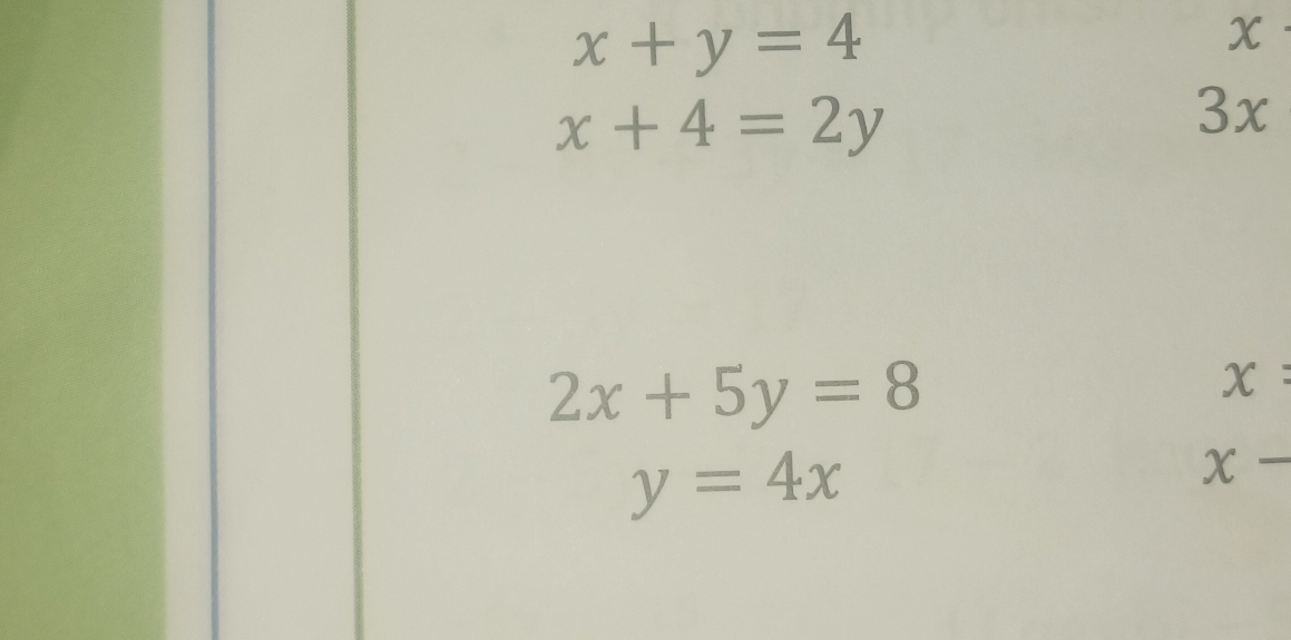 x+y=4
x
x+4=2y
3x
2x+5y=8
x=
y=4x
X -