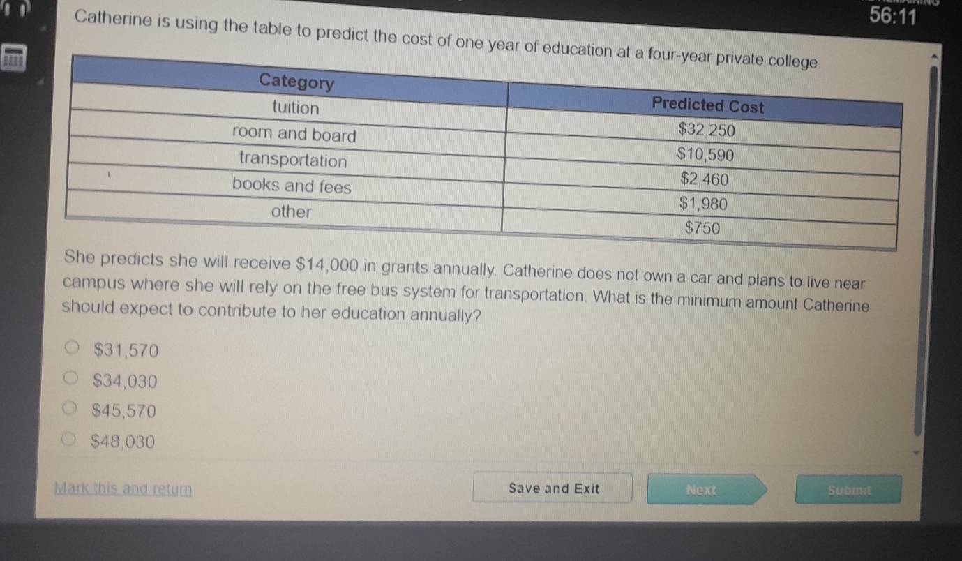 56:11
on Catherine is using the table to predict the cost of one y
She predicts she will receive $14,000 in grants annually. Catherine does not own a car and plans to live near
campus where she will rely on the free bus system for transportation. What is the minimum amount Catherine
should expect to contribute to her education annually?
$31,570
$34,030
$45,570
$48,030
Mark this and return Save and Exit Next Submit