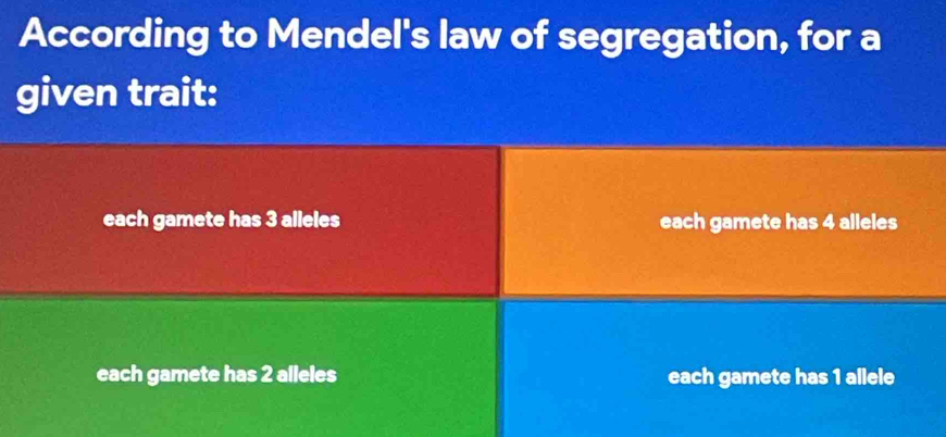 Solved: According to Mendel's law of segregation, for a given trait ...