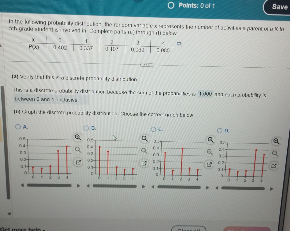 Save
In the following probability distribution, the random variable x represents the number of activities a parent of a K to
5th-grade student is involved in. Complete parts (a) through (f) below.
(a) Verify that this is a discrete probability distribution.
This is a discrete probability distribution because the sum of the probabilities is 1.000 and each probability is
between 0 and 1, inclusive.
(b) Graph the discrete probability distribution. Choose the correct graph below.
A.
B.
C.
D.
 
4
'
Get more heln