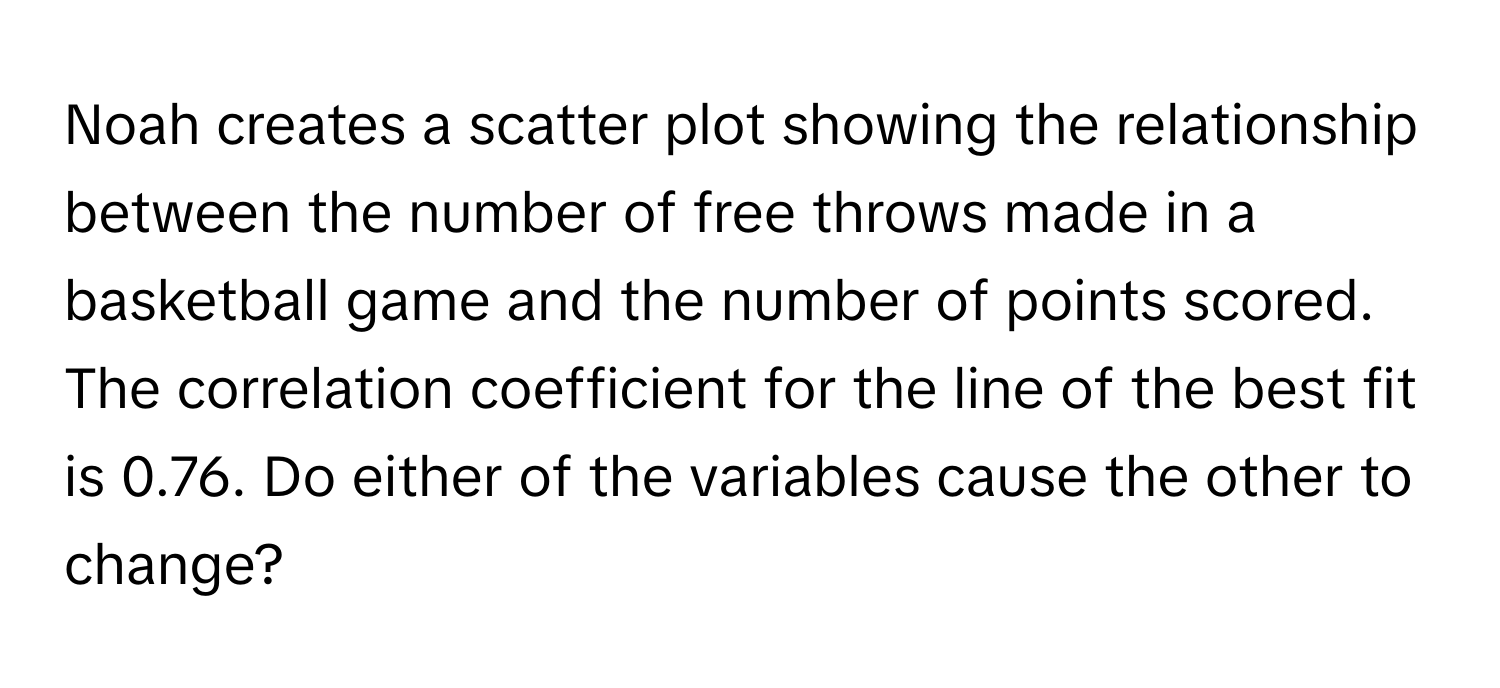 Noah creates a scatter plot showing the relationship between the number of free throws made in a basketball game and the number of points scored. The correlation coefficient for the line of the best fit is 0.76. Do either of the variables cause the other to change?