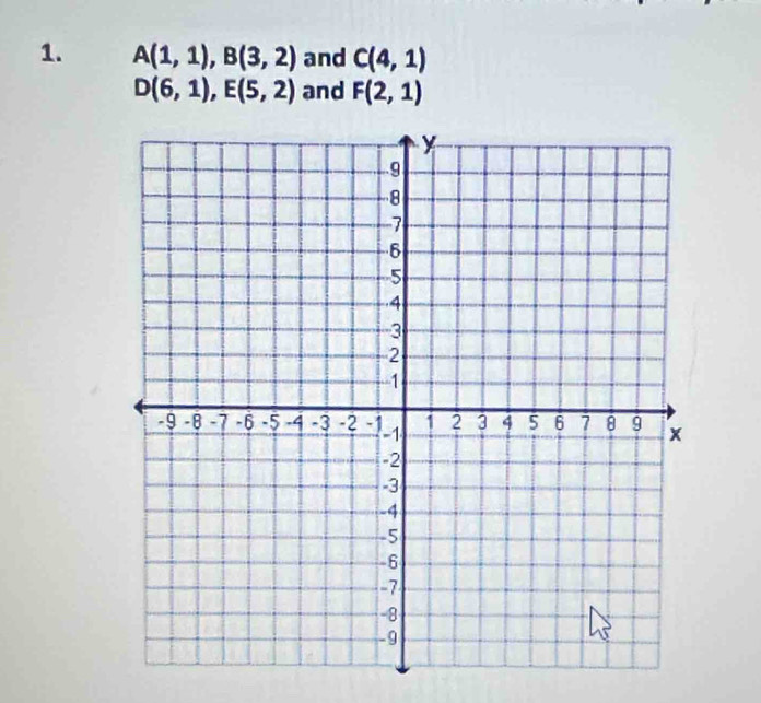 A(1,1), B(3,2) and C(4,1)
D(6,1), E(5,2) and F(2,1)